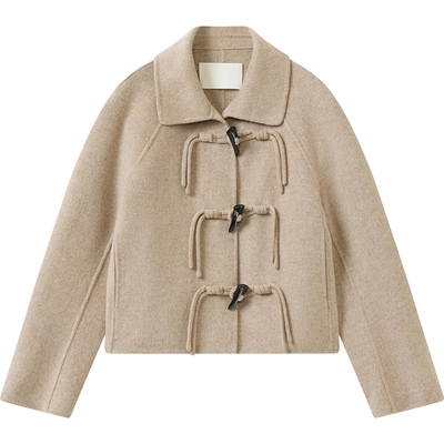 播翻领牛角扣短款浅卡其毛呢外套女秋冬宽松上衣DDS4AD5284