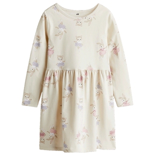 HM童装儿童女童裙子春季圆领长袖棉质印花连衣裙1245392