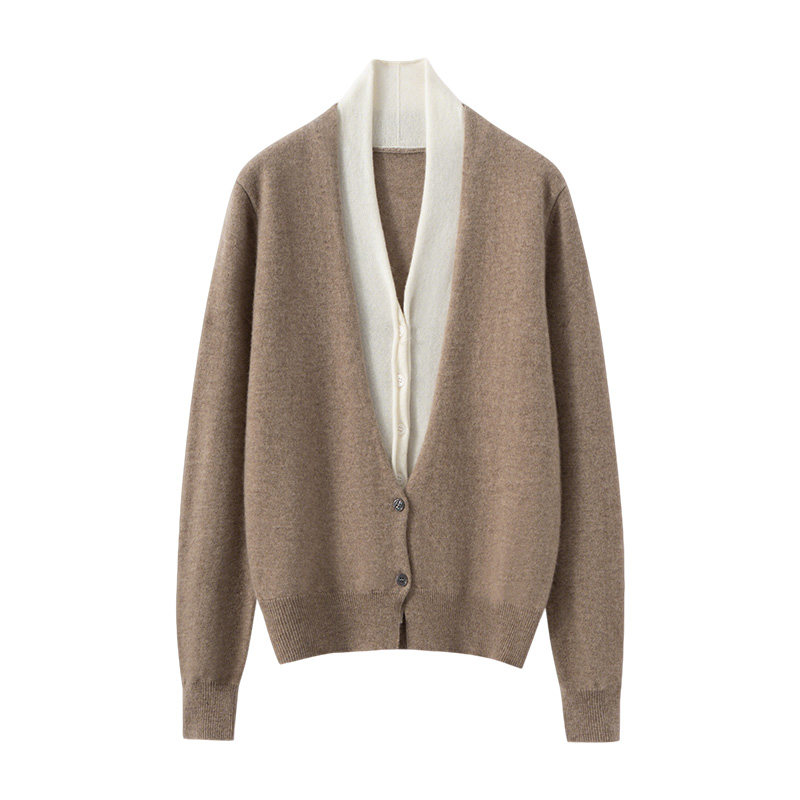 100%纯山羊绒开衫女V领针织拼色