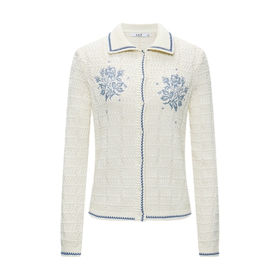 LILY通勤短款纯棉撞色翻领针织衫