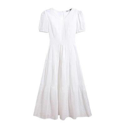 法式白色连衣裙纯棉透气绣花V领