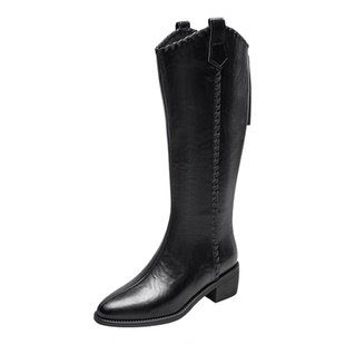 YRC显瘦骑士靴女长筒靴子V口2025秋冬新款百搭复古尖头粗跟长靴