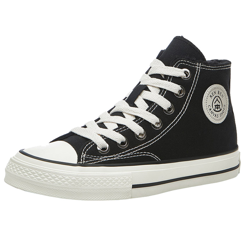 人本加绒高帮帆布鞋女2025秋冬学生平底休闲板鞋黑色韩版保暖棉鞋