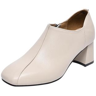 2025新款秋冬季女鞋气质方头粗跟高跟鞋软皮深口单鞋女加绒真皮鞋