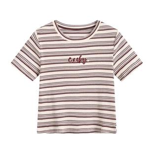 紫涵红白条纹刺绣短款T恤女夏季新款美式学院风修身圆领短袖上衣