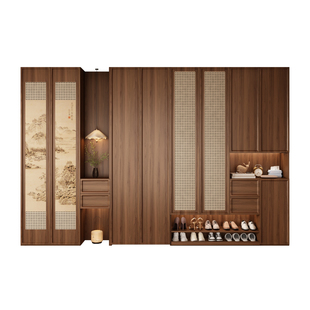 复古实木鞋柜玄关柜一体入户家用门口2025年新款藤编入户门储物柜