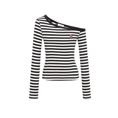 【徐艺洋同款】樱桃KIRSH刺绣条纹斜肩长袖T恤女春季甜美露肩上衣