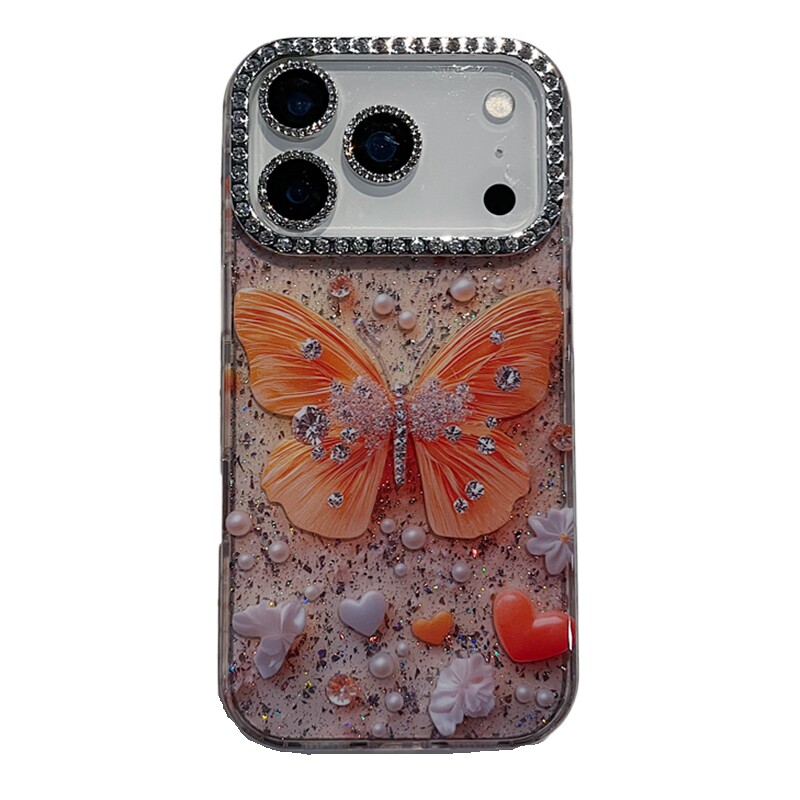 适用苹果系列iPhone17新款手机壳14promax16promax时尚爆闪橙色蝴蝶15promax满钻半包大孔防摔网红女款保护套