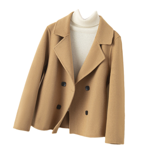 双面羊绒大衣女小个子短款春秋新款高端黑色毛呢外套女西装领赫本