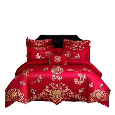 高档刺绣龙凤百子图红色四件套