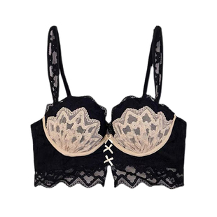复古名媛 性感蕾丝加长文胸套装无钢圈上薄下厚聚拢小胸内衣奶罩