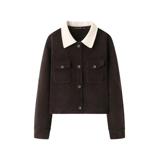 拉夏贝尔/La Chapelle秋冬新款撞色翻领短款复古灯芯绒夹克外套女