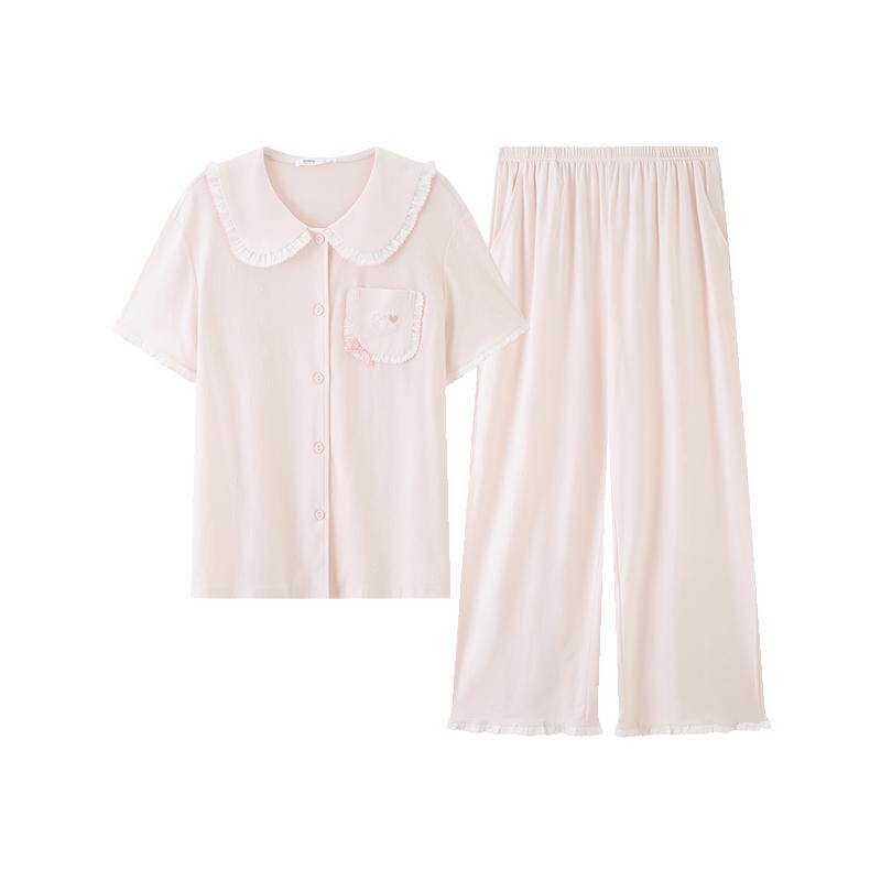 三福女夏季提花肌理娃娃领睡衣套装 甜系少女宽松家居服518163