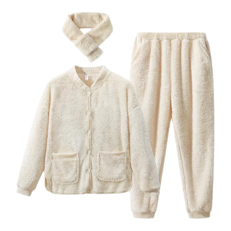 2025秋冬新款睡衣女围巾三件套装暖暖家居服加绒加厚家居服套装