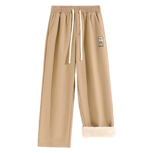 回力加绒加厚男士裤子冬季卡其色羊羔绒棉裤男款抗风保暖休闲裤A