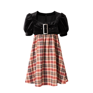 【海派甜心】Uena美式复古格纹拼接丝绒蝴蝶结方领泡泡袖连衣裙女