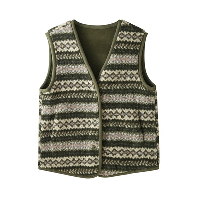 费尔岛提花羊羔毛马甲外套女秋冬保暖v领显瘦叠穿麂皮绒毛毛马夹