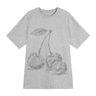 pusumede艺术感印花圆领短袖t恤女宽松大版慵懒风纯棉设计感上衣