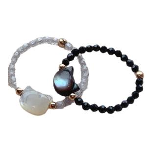 黑白猫咪可爱戒指水晶贝壳情侣小众设计感男女爆款礼物学生送闺蜜