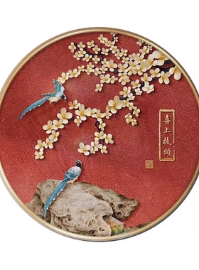 喜鹊报喜客厅餐厅入户玄关装饰画红色喜庆走廊尽头挂画圆形花鸟画