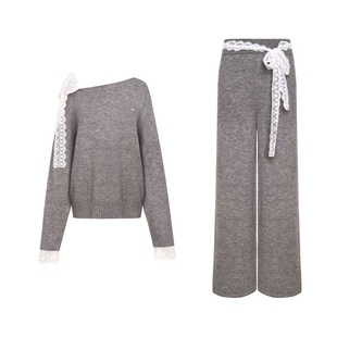 艾米同款 Kroche 羊毛混纺 蕾丝系带斜肩宽松针织毛衣阔腿裤套装