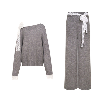 蕾丝拼接斜肩针织毛衣阔腿裤套装
