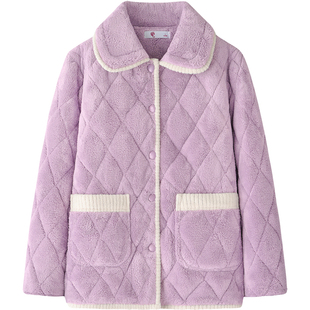 夹棉单件睡衣女上装上衣冬季三层加厚加绒棉袄外套珊瑚绒家居服女