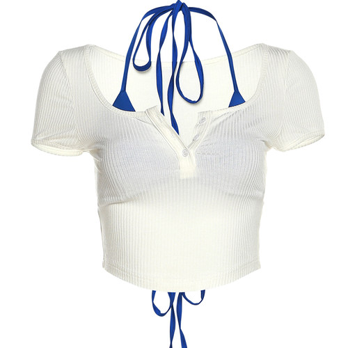 WEIRD PUSS 易梦玲同款纯欲撞色小吊带外搭不规则短款T恤两件套女