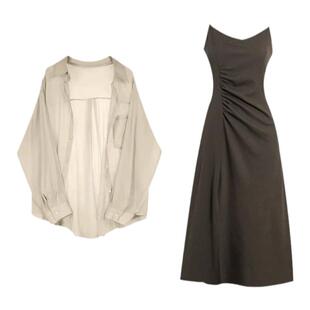 夏季茶系穿搭一整套盐系轻熟防晒衬衫法式吊带连衣裙套装女早秋季