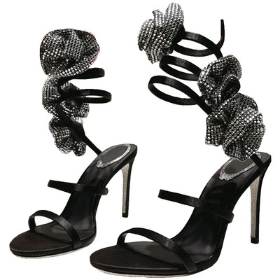 法式仙女网红玫瑰花朵水钻高跟鞋