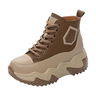 真皮厚底短靴女秋冬单靴8cm小个子内增高女鞋拼色运动休闲马丁靴