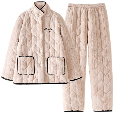 睡衣女冬三层加厚加绒珊瑚绒夹棉