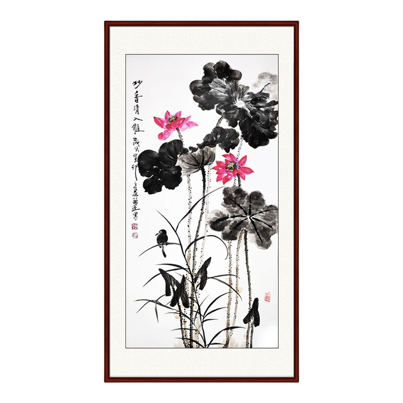 纯手绘写意风过道竖幅莲花国画