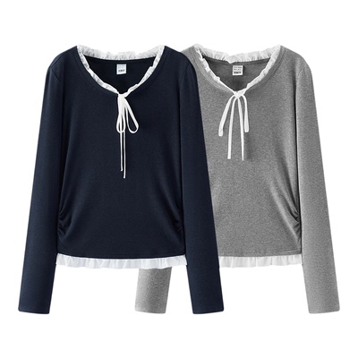 森马木耳边假两件短款长袖T恤女