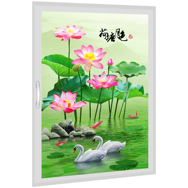 荷花九鱼图移门防走光玻璃贴纸