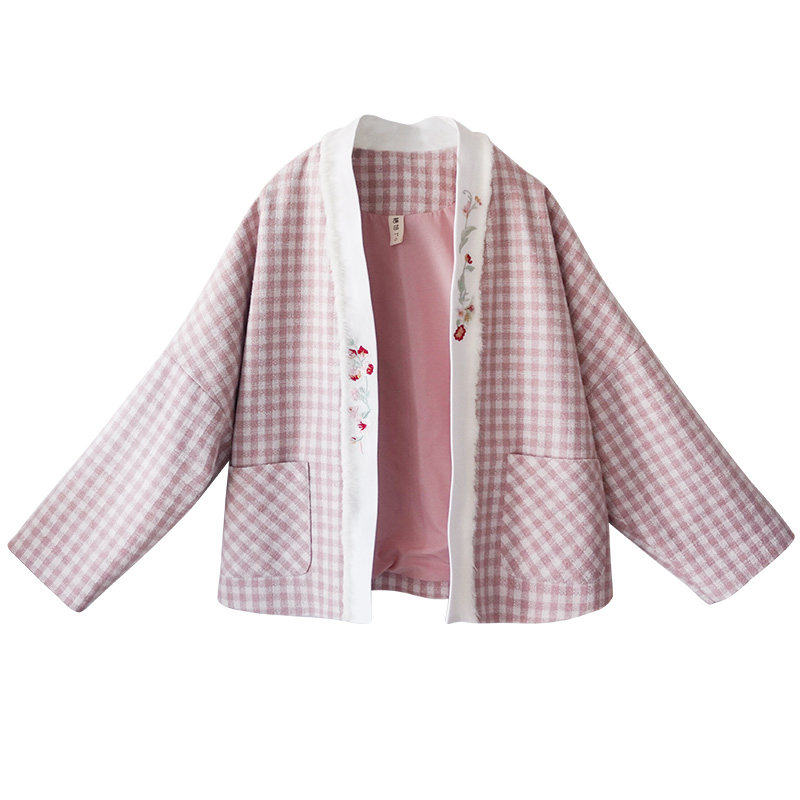 复古汉服领格纹毛呢外套三件套