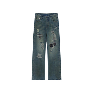 FORNINES乱针绣贴布水洗破坏牛仔裤男潮牌春秋直筒裤美式复古长裤