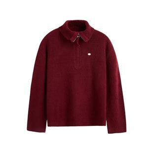 紫涵100%绵羊毛套头毛衣女2025年冬季新款复古半高拉链立领针织衫