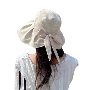 OVANCY黑胶防晒帽子女夏遮脸防紫外线渔夫帽夏季大沿蝴蝶结遮阳帽