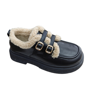 真皮乐福鞋加绒棉鞋制服鞋2025年冬季时尚英伦风雪地靴毛毛羊羔鞋