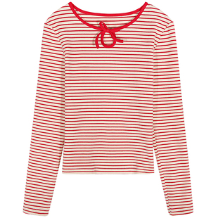 落落狷介 内搭打底衫红色条纹T恤女长袖2026年新款早春设计感上衣