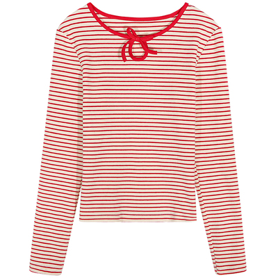 落落狷介长袖红色条纹T恤女