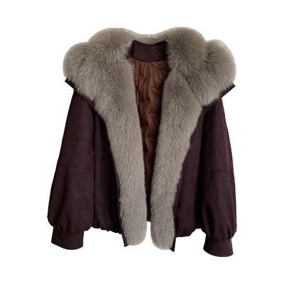 中古大狐狸毛皮草外套女2025冬季新款麂皮绒鹅绒内胆羽绒服年轻款