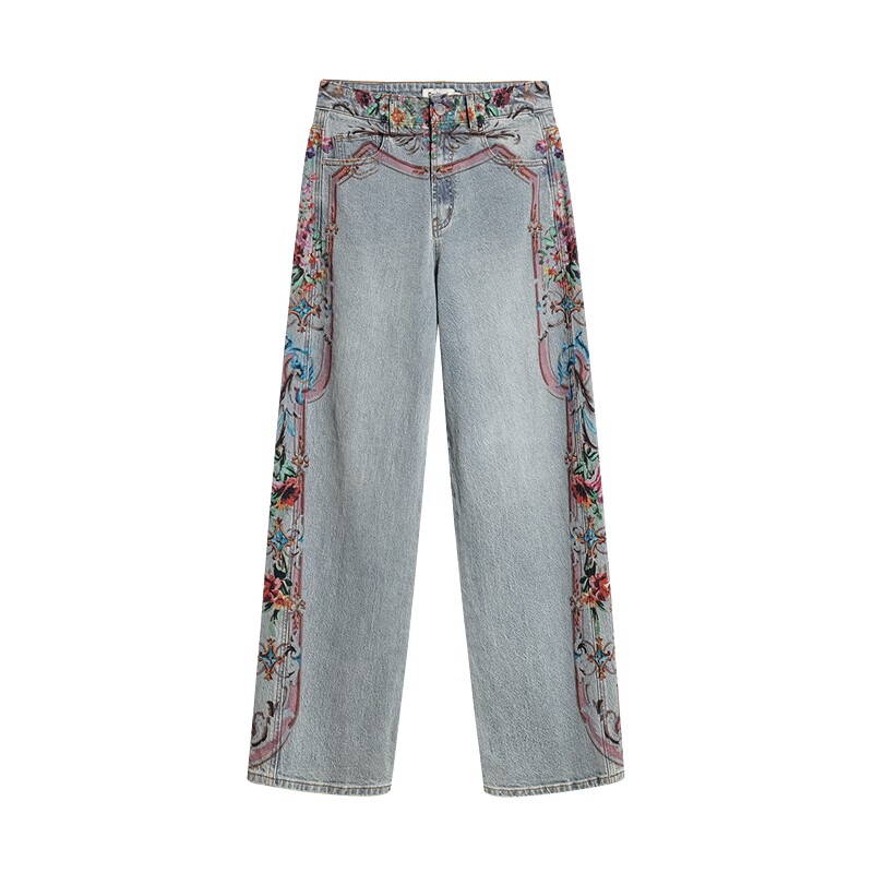Desigual26秋冬新品水彩花卉印花直筒女式牛仔裤