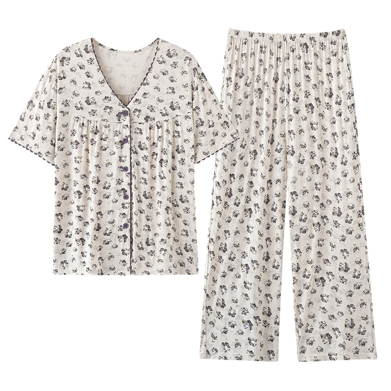 啄木鸟妈妈睡衣女夏薄款莫代尔短袖七分裤凉感中老年人奶奶家居服