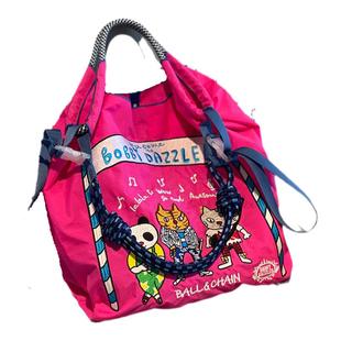 高圆圆同款ball chain刺绣新款丑娃娃环保布袋尼龙大容量单肩包