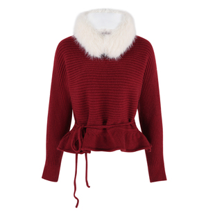 韩语琳 新年战袍酒红色针织毛衣女2026春季新款可拆毛领长袖上衣