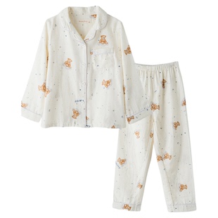 儿童纯棉纱布睡衣长袖套装2025新款夏秋季薄款男童春秋家居服男孩