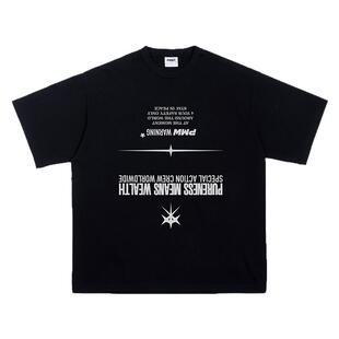 PMW 颠倒错版字母印花T恤男宽松休闲百搭300G纯棉短袖春夏