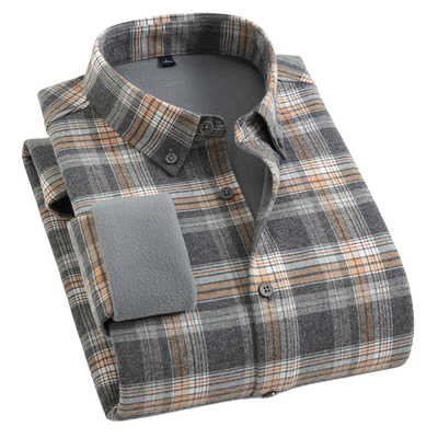 男格子纯棉长袖衬衫磨毛加绒加厚